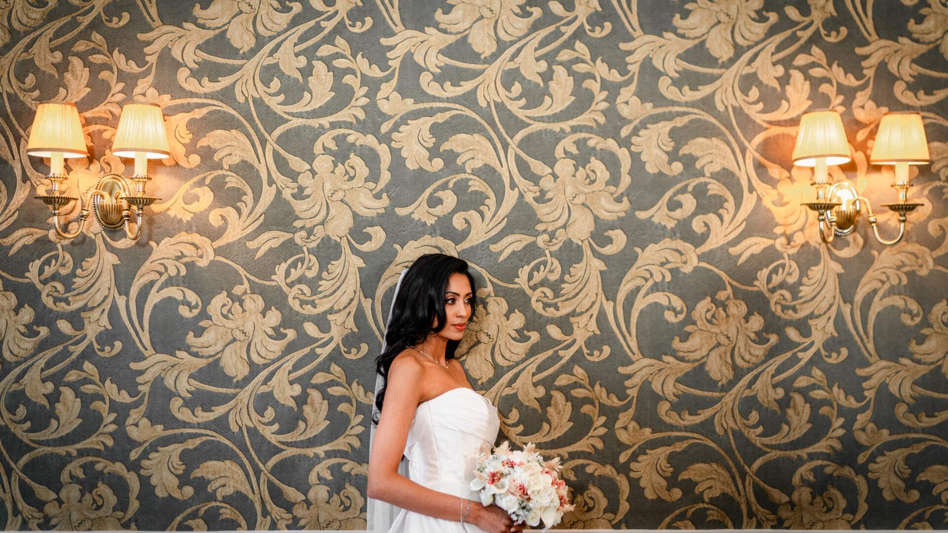 An Asian Bride posing for a photo inside our stunning Morning Room at Russets.