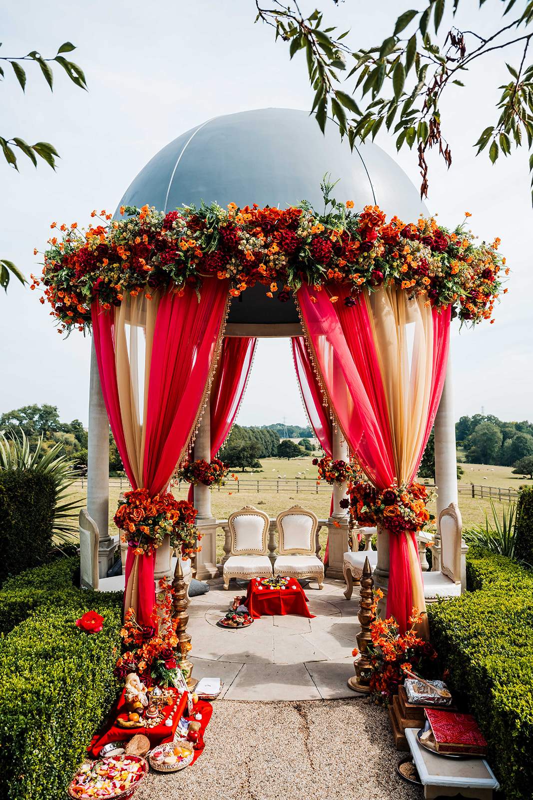 Cultural Hindu ceremony setup at Russets's romantic outdoor ceremony location, situated just an hour from London.