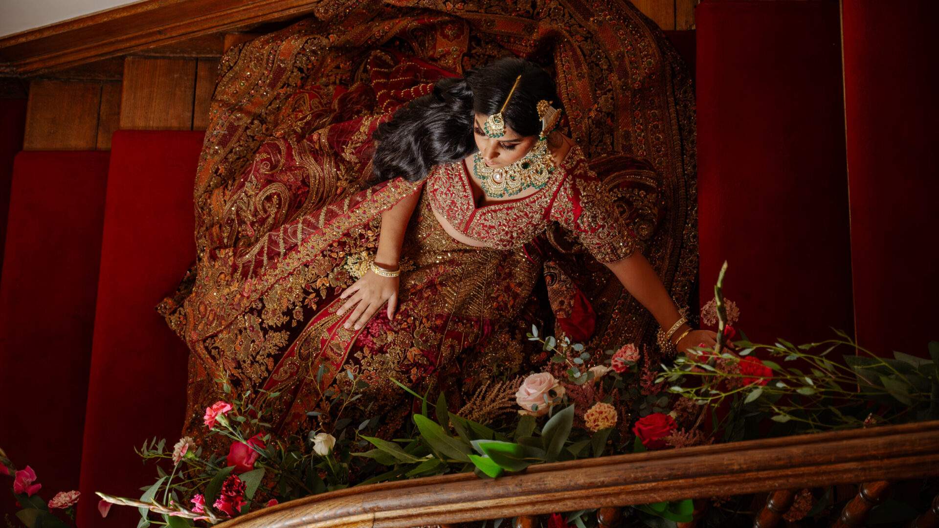 A Bride on Russets's red staircase in the Great Hall.